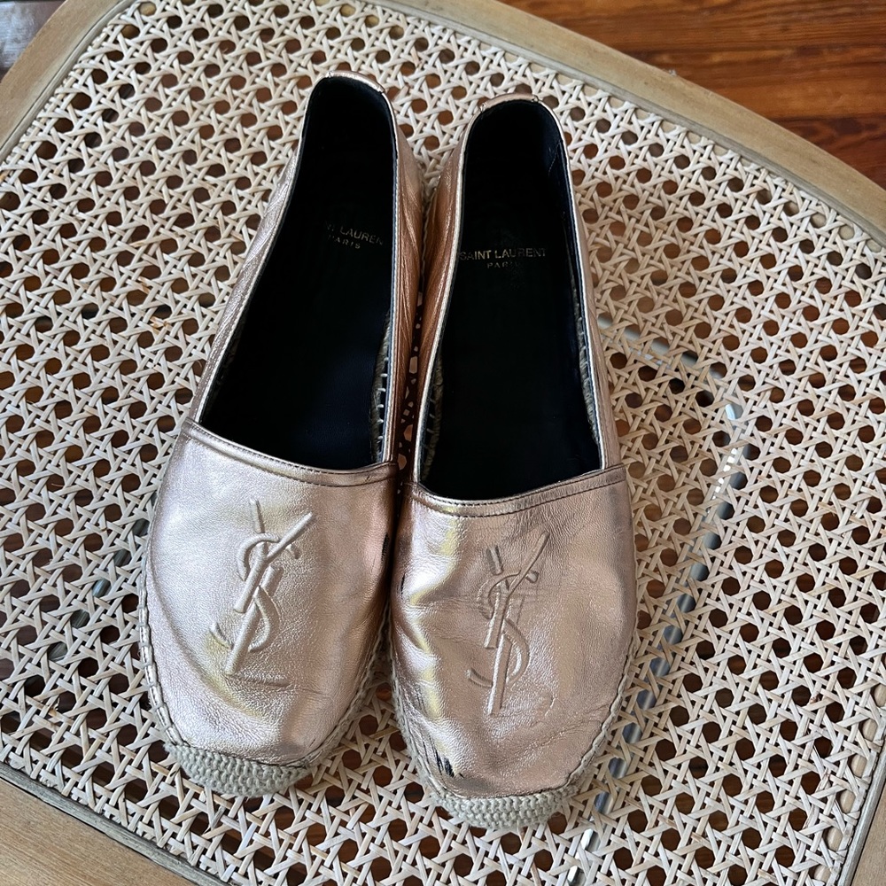 Saint Laurent Metallic Rose Gold Leather Logo Espadrille 37